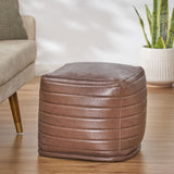Baddow Contemporary Faux Leather Channel Stitch Cube Pouf, Brown Noble House