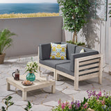 Oana Outdoor Modular Acacia Wood Loveseat and Table Set with Cushions, Weathered Gray and Dark Gray Noble House