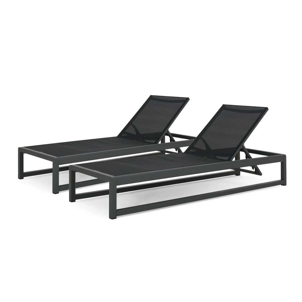Noble House Metten Outdoor Mesh Chaise Lounge (Set of 2), Black and Gray