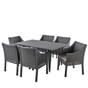 Alameda Outdoor 7 Piece Grey Wicker Rectangular Dining Set with Silver Water Resistant Cushions Noble House