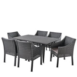 Alameda Outdoor 7 Piece Grey Wicker Rectangular Dining Set with Silver Water Resistant Cushions