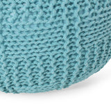 Hortense Modern Knitted Cotton Round Pouf, Blue Noble House