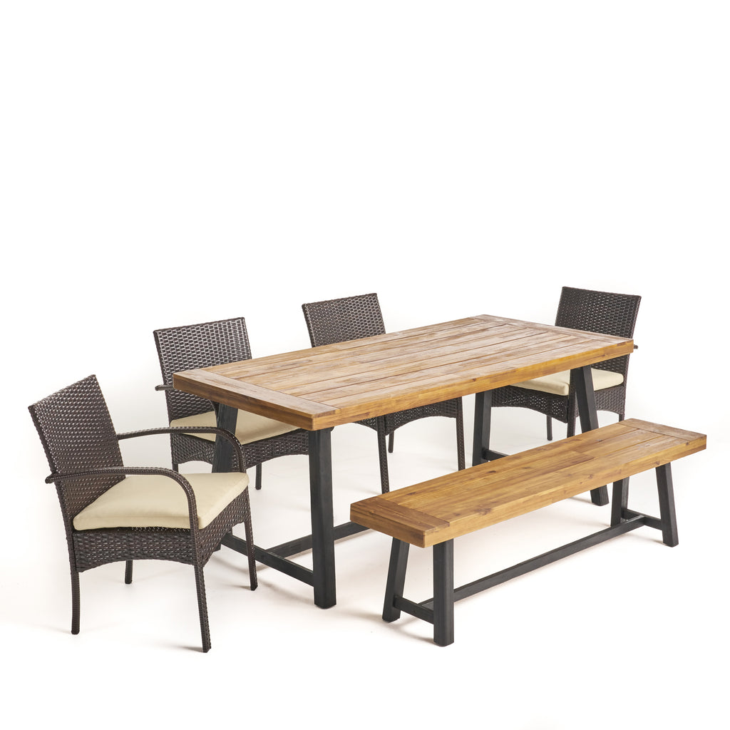 Tara Outdoor 6 Piece Dining Set with Wicker Chairs and Bench, Sandblast Teak and Multi Brown and Cream Noble House