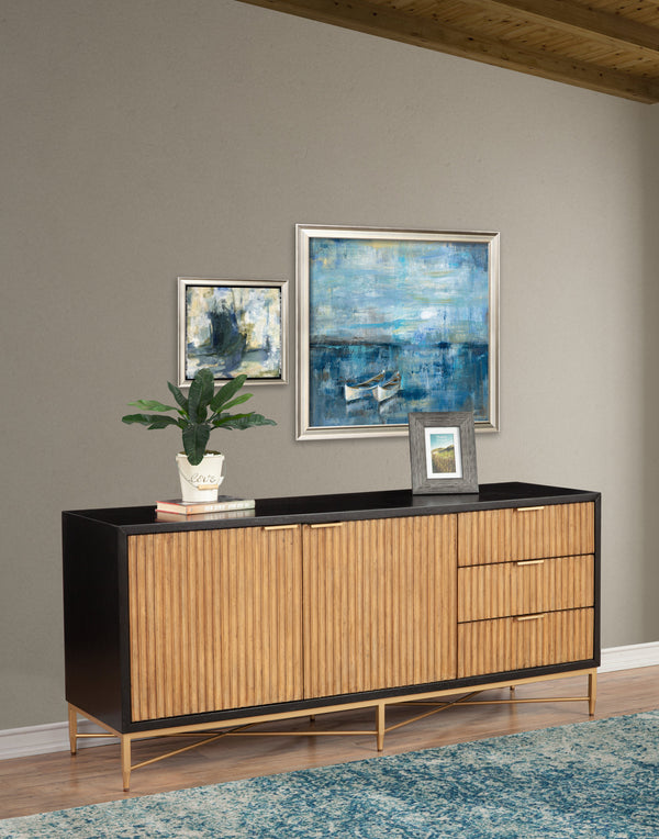 Larsen TV Console in Black & Natural - Stylish Mahogany with Gold Accents, Fully Assembled Beauty