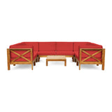 Noble House Brava Outdoor Acacia Wood 8 Seater U-Shaped Sectional Sofa Set with Coffee Table, Teak and Red