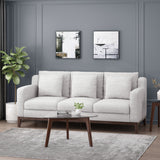 Elliston Contemporary Fabric 3 Seater Sofa with Accent Pillows, Light Gray and Dark Walnut Noble House