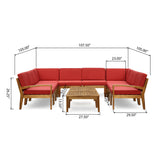 Noble House Grenada Outdoor Acacia Wood 10 Seater Sectional Sofa Set with Two Coffee Tables, Teak and Red
