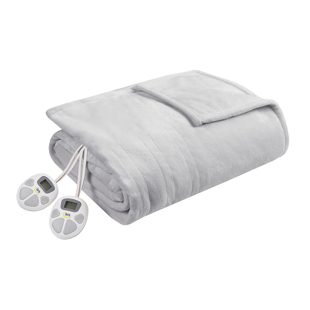 Serta Plush Heated Casual Blanket Light Grey King ST54-0128