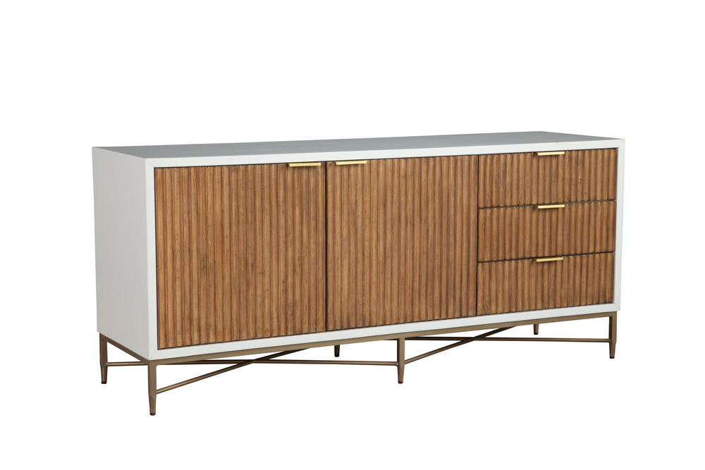 Larsen TV Console - Elegant White Mahogany with Gold Accents, Fully Assembled & Stylish Design