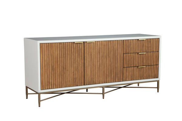 Larsen TV Console - Elegant White Mahogany with Gold Accents, Fully Assembled & Stylish Design