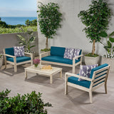 Santa Ana Outdoor 4 Seater Acacia  Wood Chat Set with Cushions, Wire Brushed Light Gray and Dark Teal Noble House