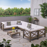 Noble House Brava Outdoor Acacia Wood 8 Seater U-Shaped Sectional Sofa Set with Coffee Table, Gray and White
