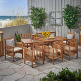 Sorrento Outdoor 8 Seater Expandable Acacia Wood Dining Set, Brown and Cream Noble House