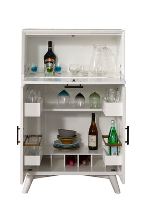 Alpine Furniture Flynn Large Bar Cabinet w/Drop Down Tray, White 966-W-16 White Mahogany Solids & Okoume Veneer 32 x 19 x 51