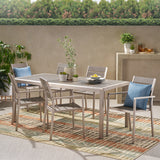 Noble House Cape Coral Outdoor Modern Aluminum and Faux Wood 6 Seater Dining Set, Gray and Silver