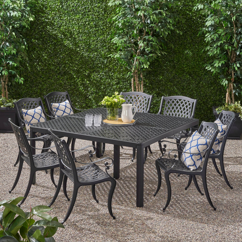 Aviary Outdoor Aluminum 8 Seater Dining Set, Antique Matte Black Noble House