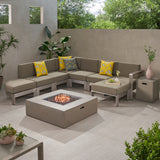 Cape Coral Half Round 5 Seater Sectional Set with Fire Pit and Tank Holder, Khaki, Silver, and Light Gray Noble House
