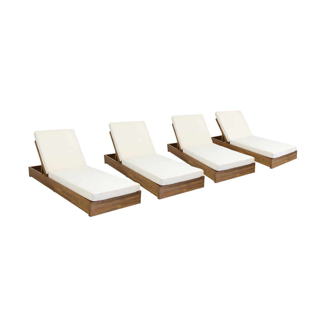 Noble House Ian Outdoor Acacia Wood Chaise Lounge with Cushion (Set of 4), Teak and Cream