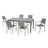 Cape Coral Outdoor Modern 6 Seater Aluminum Dining Set with Tempered Glass Table Top
