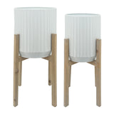 Contemporary Set of 2 -  Ridged Planters In Wood Stand, White