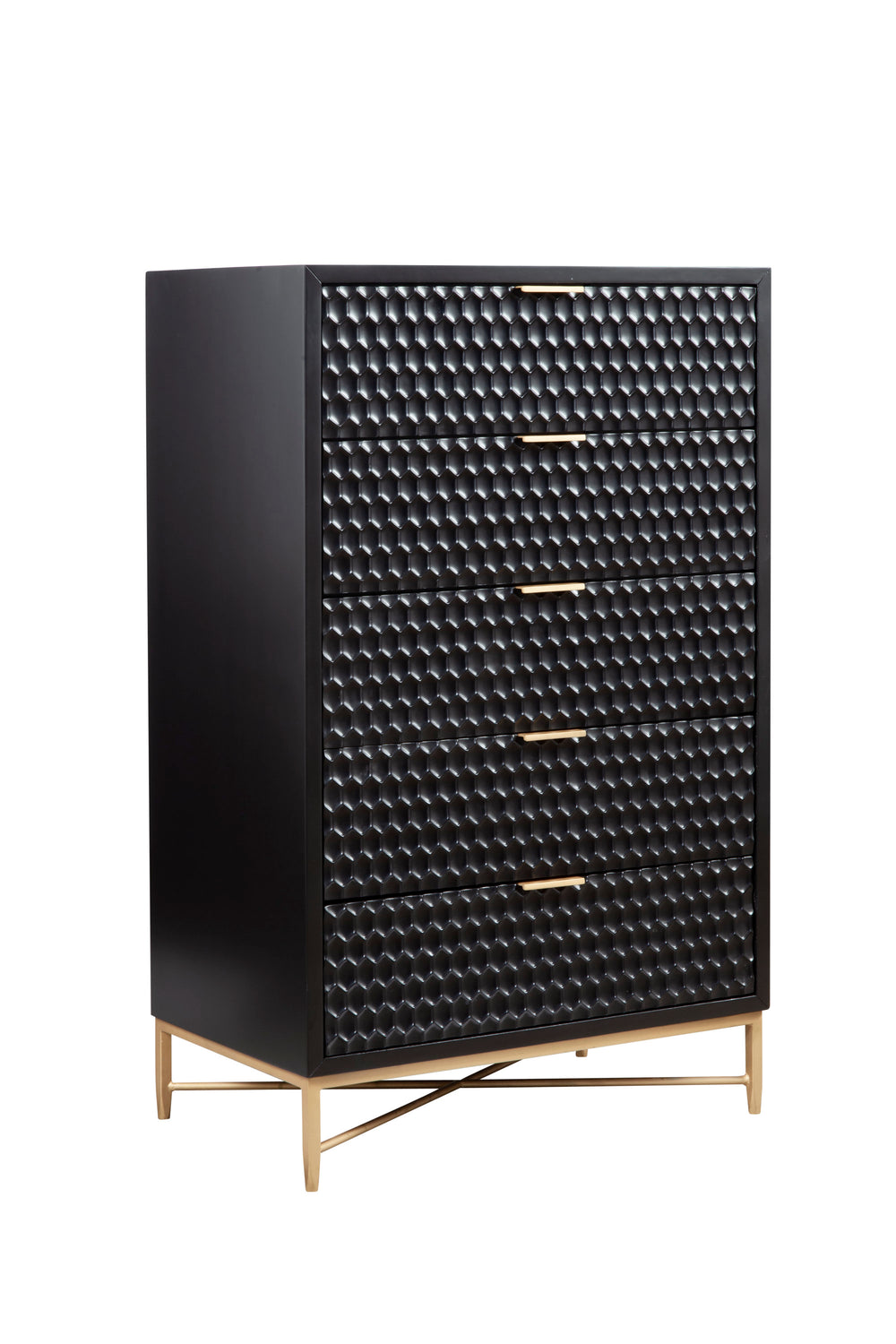 Black Pearl 5 Drawer Chest - Contemporary Mahogany Storage with Textured Fronts & Gold Accents