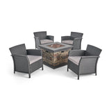 St. Lucia Outdoor 4 Piece Wicker Club Chair Chat Set with Fire Pit, Gray and Silver and Stone Noble House