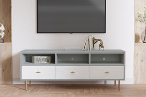 Saige Weathered White TV Console with Felt Lined Drawers & Open Shelves for Stylish Storage