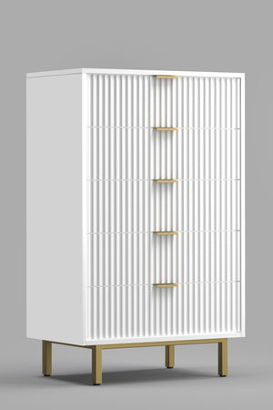 Casey Chest - Elegant White Mahogany Storage with Textured Drawers & Gold Accents, Fully Assembled