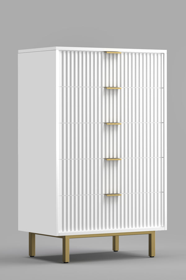 Casey Chest - Elegant White Mahogany Storage with Textured Drawers & Gold Accents, Fully Assembled