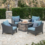 Antibes Outdoor 5 Piece Grey Wicker Club Chairs with Teal Water Resistant Cushions and Stone Finished Fire Pit Noble House
