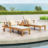 Noble House Perla Outdoor Acacia Wood 3 Piece Chaise Lounge Set with Water-Resistant Cushions, Teak and Cream