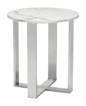 Zuo Modern Atlas Composite Stone, Stainless Steel Modern Commercial Grade End Table White, Silver Composite Stone, Stainless Steel