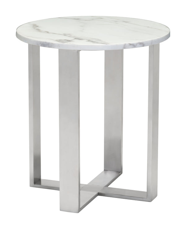 Zuo Modern Atlas Composite Stone, Stainless Steel Modern Commercial Grade End Table White, Silver Composite Stone, Stainless Steel