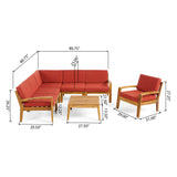 Grenada Outdoor Acacia Wood 6 Seater Sectional Sofa and Club Chair Set with Coffee Table, Teak and Red Noble House