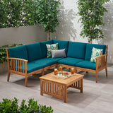 Carolina Outdoor 5 Seater Acacia Wood Sofa Sectional Set, Brown and Dark Teal Noble House