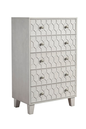 Denver Five Drawer Chest - Elegant Honeycomb Design in Light Grey, Fully Assembled Mahogany Storage