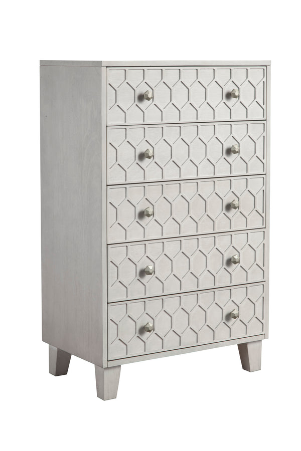 Denver Five Drawer Chest - Elegant Honeycomb Design in Light Grey, Fully Assembled Mahogany Storage
