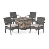 Cordoba Patio Fire Pit Set, 4-Seater with Club Chairs, Wicker with Outdoor Cushions, Gray, Light Gray, Stone Finish Noble House