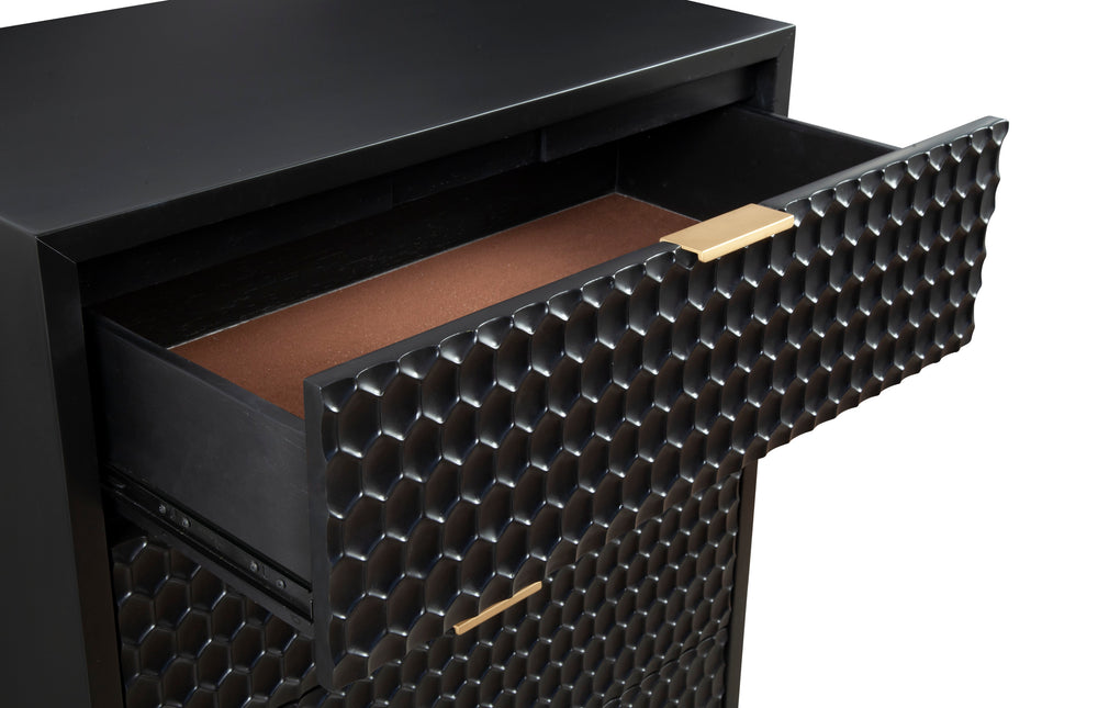 Black Pearl 5 Drawer Chest - Contemporary Mahogany Storage with Textured Fronts & Gold Accents