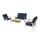 Sinclair Outdoor 4 Piece Aluminum and Faux Wood Chat Set with Cushions, White and Navy Blue Noble House