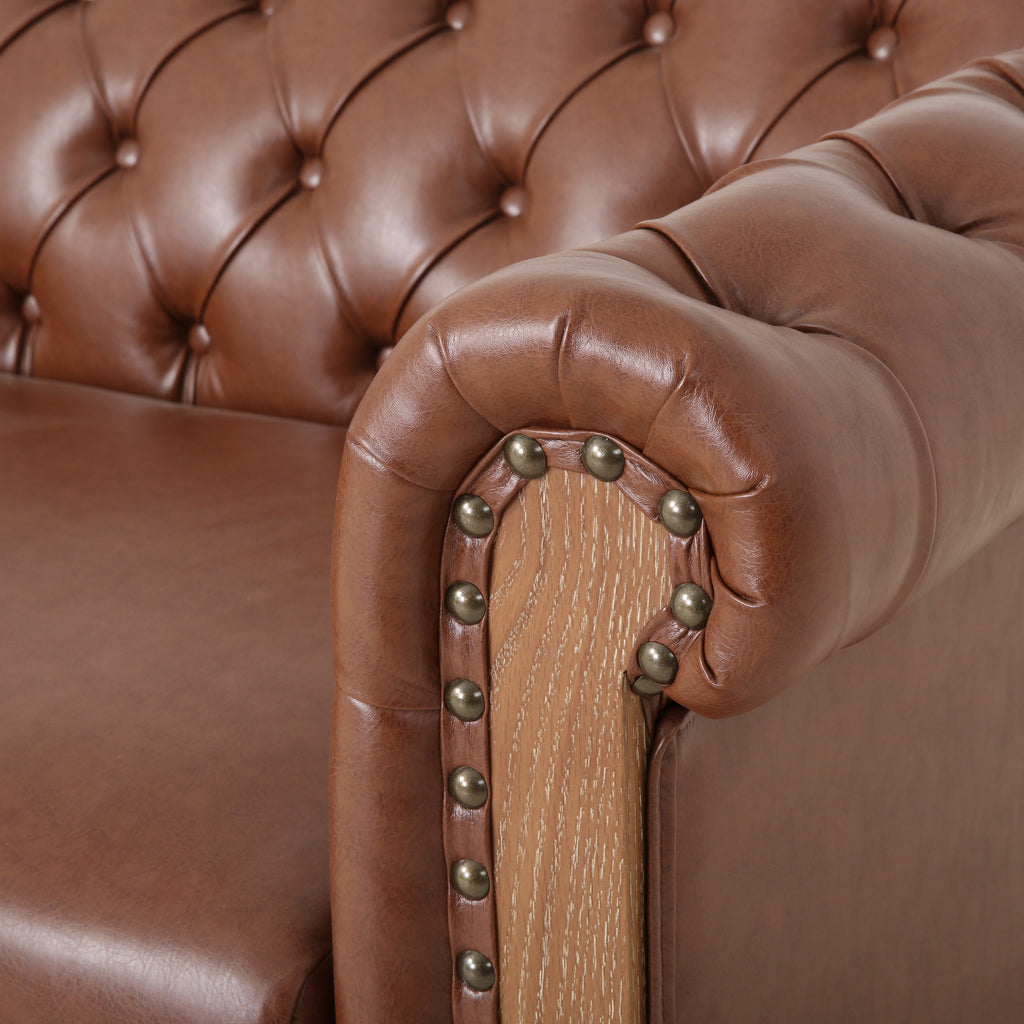 Castalia Chesterfield Tufted 3 Seater Sofa with Nailhead Trim, Cognac Brown and Natural Noble House