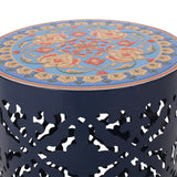 Castana Outdoor Lace Cut Side Table with Tile Top, Dark Blue and Multi-Color Noble House