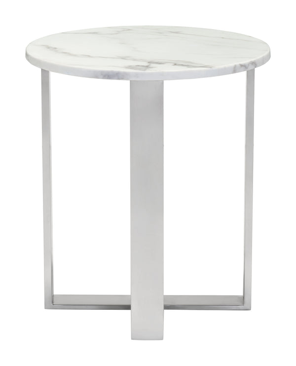 Zuo Modern Atlas Composite Stone, Stainless Steel Modern Commercial Grade End Table White, Silver Composite Stone, Stainless Steel