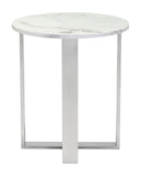 Zuo Modern Atlas Composite Stone, Stainless Steel Modern Commercial Grade End Table White, Silver Composite Stone, Stainless Steel