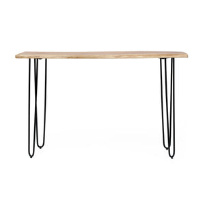 Noble House Plumb Handcrafted Modern Industrial Acacia Wood Console Table with Hairpin Legs, Natural and Black