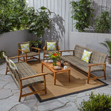 Hampton Outdoor 5 Piece Wood and Wicker Sofa Chat Set, Gray Noble House