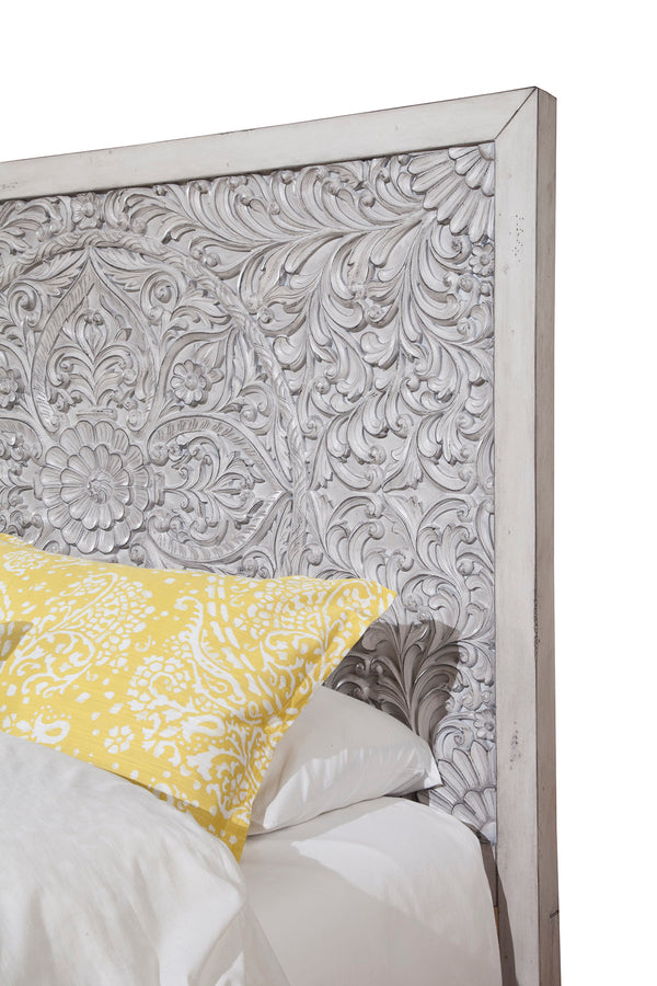 Aria Queen/Full Headboard - Handcrafted Weathered White Design with Floral Carving & Mahogany Finish