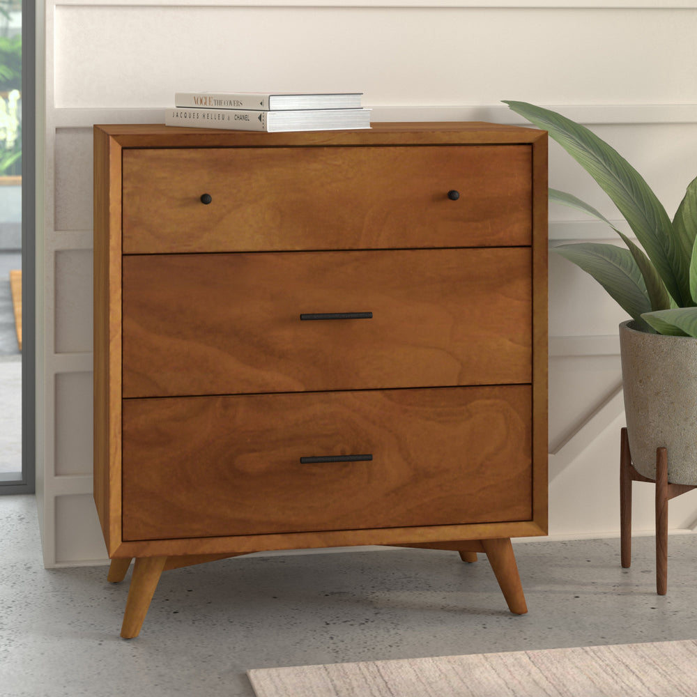 Alpine Furniture Flynn Mid Century Modern 3 Drawer Small Chest, Acorn 966-04 Acorn Mahogany Solids & Okoume Veneer 32 x 18 x 36