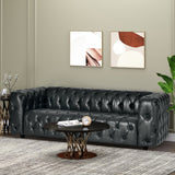 Sagewood Contemporary Faux Leather Tufted 3 Seater Sofa, Midnight Black and Dark Brown Noble House