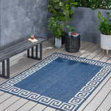 Preveli 5'3" x 7' Outdoor Area Rug, Blue and Ivory Noble House